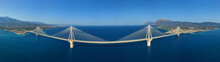 Aerial Drone Panoramic Photo Of World Famous Cable Suspension Bridge Of Rio - Antirio Harilaos Trikoupis, Crossing Corinthian Gulf, Mainland Greece To Peloponnese, Patras