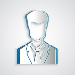 Paper cut User of man in business suit icon isolated on grey background. Business avatar symbol - user profile icon. Male user sign. Paper art style. Vector Illustration