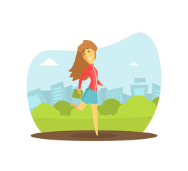 Sticker - Smiling Girl with Book Walking on City Street Vector Illustration