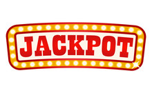 Retro Banner With Inscription Vector, Jackpot In Casino Flat Style. Poster With Shiny Frame Made Up Of Bulbs. Playing Games On Money, Gambling Set