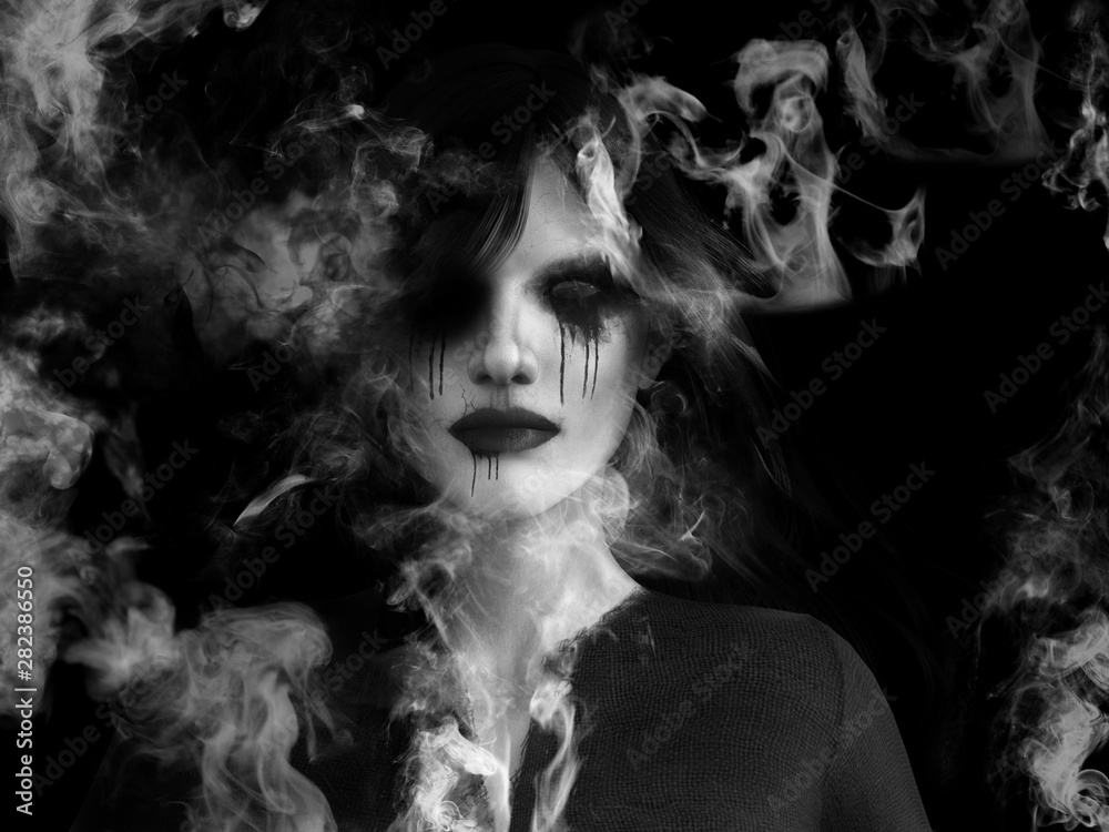 3D rendering of ghost woman dissolving in smoke. - obrazy, fototapety, plakaty 