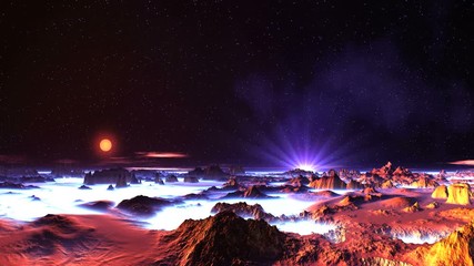 Wall Mural - Two Suns and Sunrise on an Alien Planet. On a dark starry sky a bright orange sun rises. On the horizon, a second white sun emits bright rays. Rare clouds float slowly. Rocks are among the white fog.