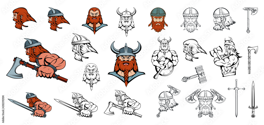 Set of Scandinavian Vikings in different poses. Scandinavian Warriors with a traditional Weapon. Team Mascot. Scandinavian Vikings with an Ax, Knife, and Sword in his hand. Vector Graphic to Design - obrazy, fototapety, plakaty 