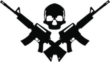 Human Skull And Two Crossed Automatic Assault Rifles On A White Background