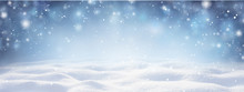 Winter Snow Background With Snowdrifts, With Beautiful Light And Snow Flakes On The Blue Sky In The Evening, Banner Format, Copy Space.