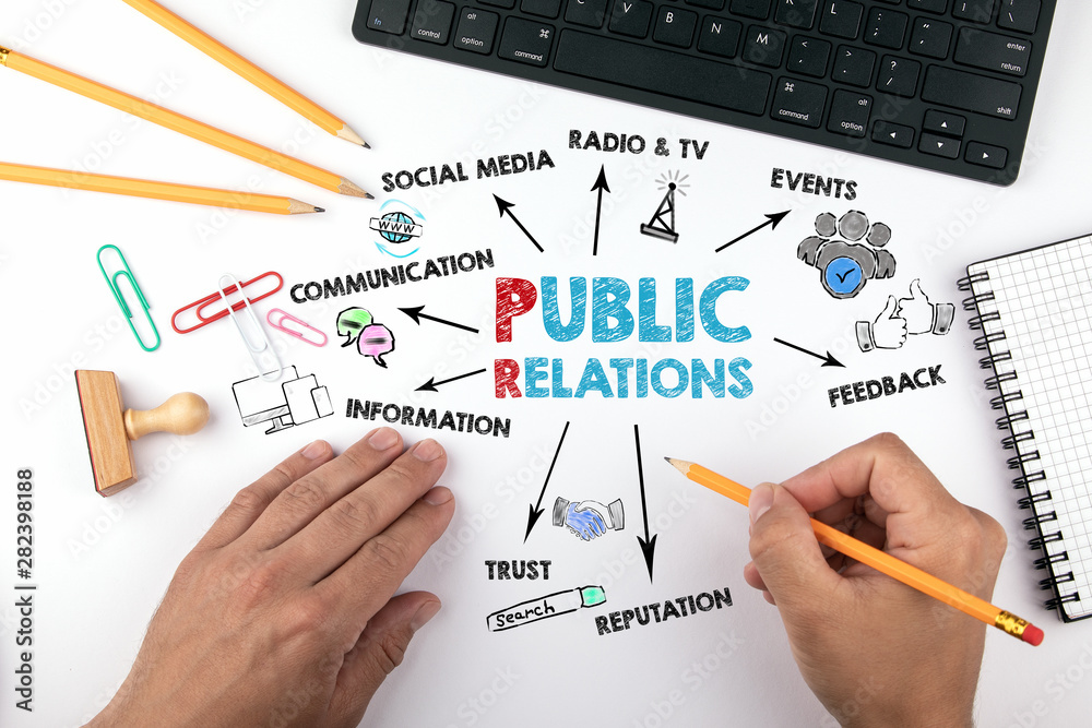 Public Relations concept. Chart with keywords and icons. Hands on working desk doing business - obrazy, fototapety, plakaty 