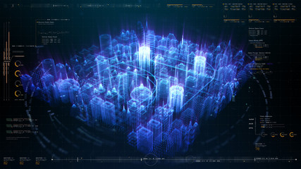 Poster - Futuristic holographic city digitally generated image virtual reality matrix particles in cyber space background environment