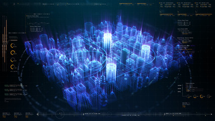 Poster - Futuristic holographic city digitally generated image virtual reality matrix particles in cyber space background environment