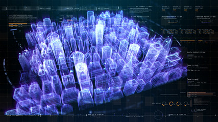 Poster - Futuristic holographic city digitally generated image virtual reality matrix particles in cyber space background environment