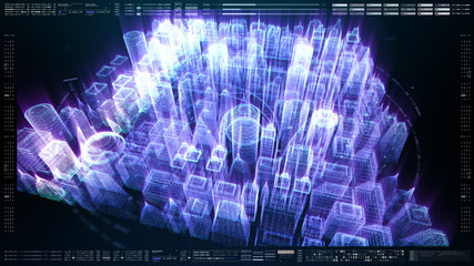 Poster - Futuristic holographic city digitally generated image virtual reality matrix particles in cyber space background environment