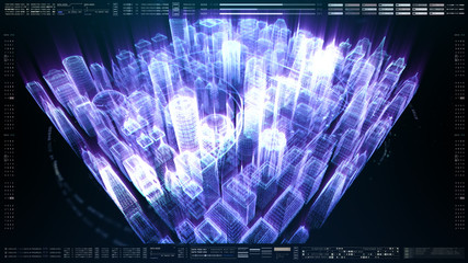 Poster - Futuristic holographic city digitally generated image virtual reality matrix particles in cyber space background environment