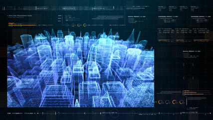 Fototapete - Futuristic holographic city digitally generated image virtual reality matrix particles in cyber space background environment