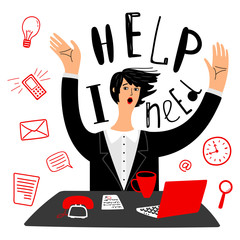 Poster - Business needs help. Vector businesswoman or secretary and time management. Illustration of employee management, worker character assistant, workplace organization