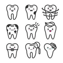 Cute Teeth Outline Set With Different Emotions. Different Tooth Conditions. Healthy And Bad Teeth. Flat Vector Tooth Isolated Illustration.