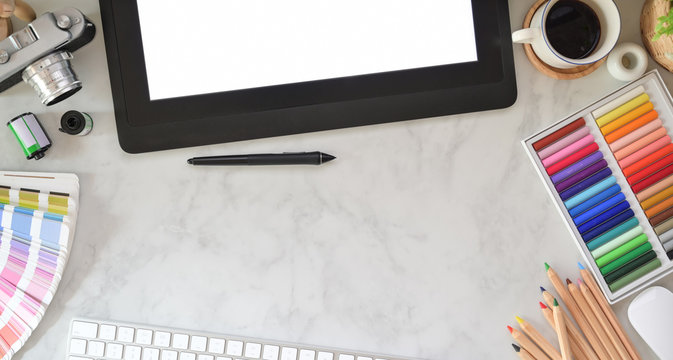 Designer workplace with office supplies