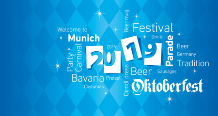 Wall Mural - Oktoberfest Beer Festival 2019 word cloud Bavarian blue background