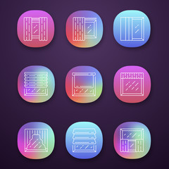 Sticker - Window shutters app icons set. Roller, roman shades, panel, swags, valance. Motorized jalousie. Home interior shop. UI/UX user interface. Web or mobile applications. Vector isolated illustrations