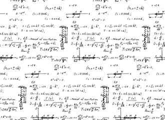 Physics seamless pattern with the equations, figures, schemes, formulas and other calculations on whiteboard. Retro scientific and education handwritten vector Illustration.