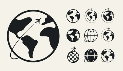 Trip Around The World. Travel Flight Airplane Earth Globe Orbit Concept. Flat Vector Icon Set.