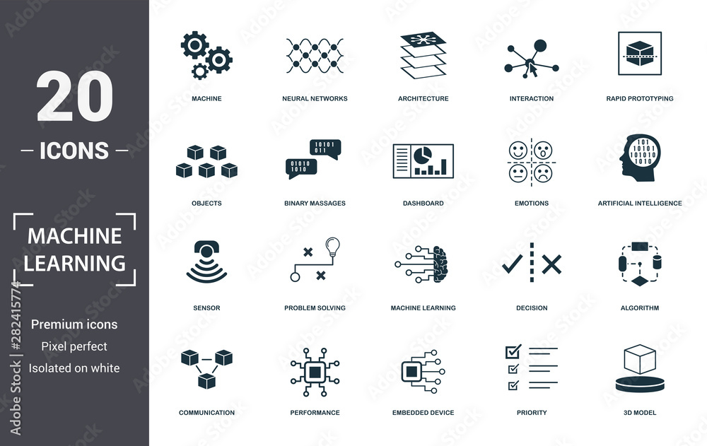 Machine Learning icon set. Contain filled flat machine learning, problem solving, algorithm, artificial intelligence, 3d model, emotions, interaction icons. Editable format - obrazy, fototapety, plakaty 