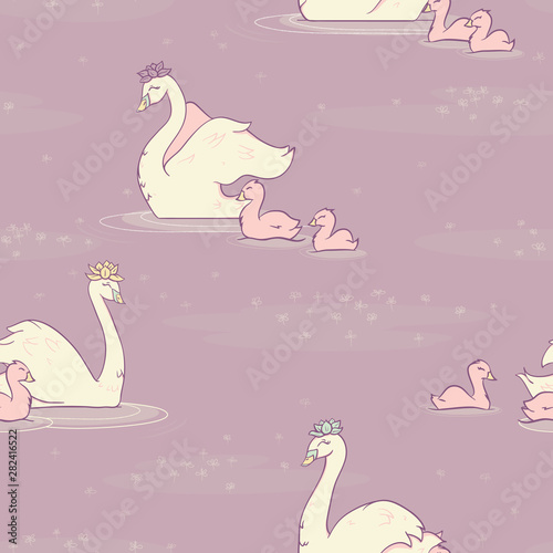 Cotton fabric Vector Swan Pond with Lemna on Lilac seamless pattern background. Perfect for fabric, wallpaper and scrapbooking projects.