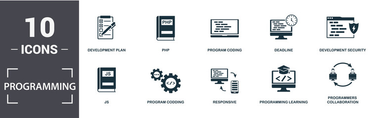 Programmer icon set. Contain filled flat development plan, programming learning, js, laptop coding, responsive, program coding icons. Editable format