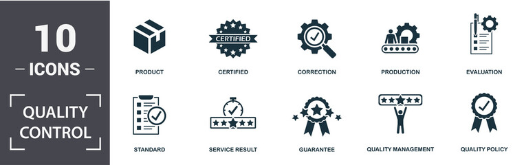 quality control icon set. contain filled flat correction, certified, quality management, quality pol