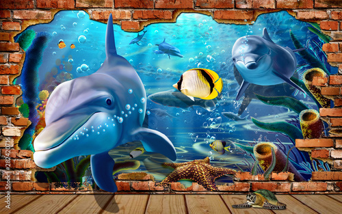 Obraz w ramie 3d illustration wallpaper under sea dolphin, Fish, Tortoise, Coral reefsand water with broken wall bricks background. will visually expand the space in a small kids room