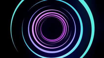 Poster - Abstract light tunnel formed by colorful moving rings on black background, seamless loop. Animation. Blue and purple neon circles rotating with different speed.
