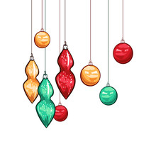 Christmas Baubles Hand Drawn Vector Illustration. Colorful Glass Balls Hanging On Threads, Traditional Decorative Toys. Winter Season Holiday Celebration Symbol. Xmas Festive Accessories, Garland