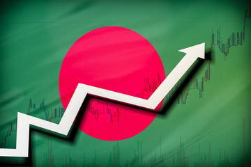 White arrow and stocks chart growth up on the background of the flag of Bangladesh