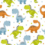 Fototapeta Pokój dzieciecy - Seamless cute cartoon dinosaurs pattern. Vector colorful dino background