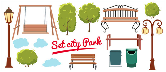 Set elements for city park. Tree, trash can, lantern, teeter, and benches in flat style. Isolated on white background Vector illustration.