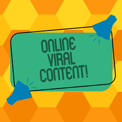 Poster - Handwriting text writing Online Viral Content. Concept meaning Article that spreads rapidly online by website link Two Megaphone with Sound icon on Blank Color Outlined Rectangular Shape