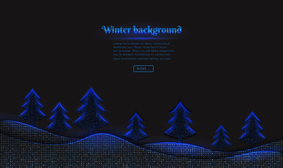 Wall Mural - abstract blue winter background with halftone pattern, falling snow and christmas trees. design elem