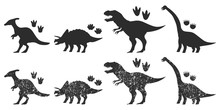 Dinosaurs And Footprints Black Silhouette Vector Set Isolated On A White Background.