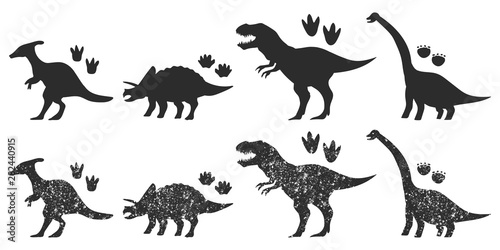 Dinosaurs and footprints black silhouette vector set isolated on a white background Canvas Print
