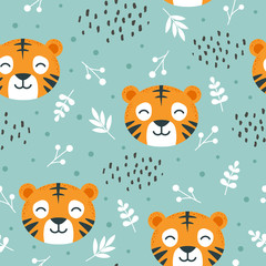 Canvas Print - tiger pattern seamless  background, vector illustration, animal cartoon pattern