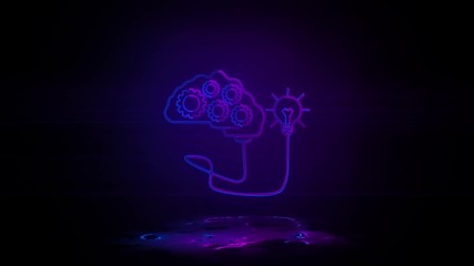 Poster - a brain with gears connected to a light bulb in neon effect mp4 video on dark background