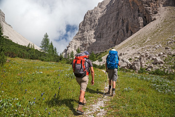 Wall Mural - some hikers walk along a mountain path.