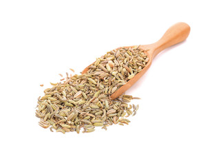 Wall Mural - Dried fennel seeds  in a wooden spoon isolated on white background