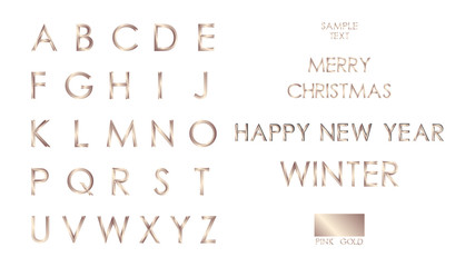 Vector Set of Pink Gold A-Z,  Alphabet letters from A to Z, Stylized bold font and SAMPLE TEXT, MERRY CHRISTMAS, HAPPY NEW YEAR