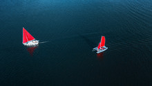 Luxury Yacht Sailing On Opened Sea. Aerial View. Drone Shot. Picture With Space For Text