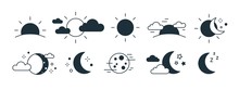 Bundle Of Rising Or Setting Sun, Crescent Moon, Cloud And Stars Symbols. Set Of Day And Night Time Monochrome Pictograms Drawn With Black Contour Lines On White Background. Modern Vector Illustration.