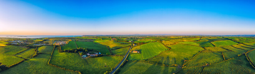 aerial panoramic view of summer countryside sunset,northern ireland