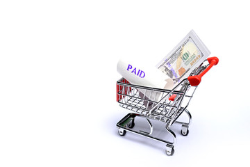 Wall Mural - Shopping cart with one hundred US dollar bills isolated on white background.