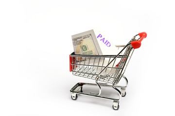 Wall Mural - Shopping cart with one hundred US dollar bills isolated on white background.