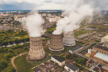 Smoke from chimneys of thermal power plant or station, aerial view from drone