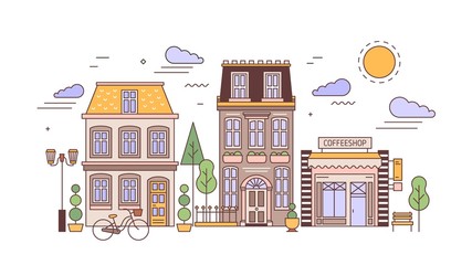 Fototapete - Urban landscape or cityscape with facades of stylish residential buildings. Street view of city district with elegant living houses and coffee shop. Colorful vector illustration in line art style.