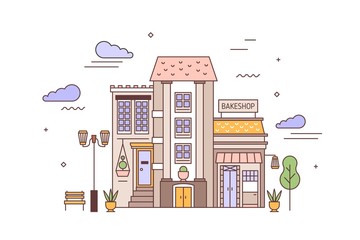 Fototapete - Urban landscape or cityscape with facades of living building and bakery. Street view of city district with elegant house and bakeshop or bakehouse. Colorful vector illustration in linear style.